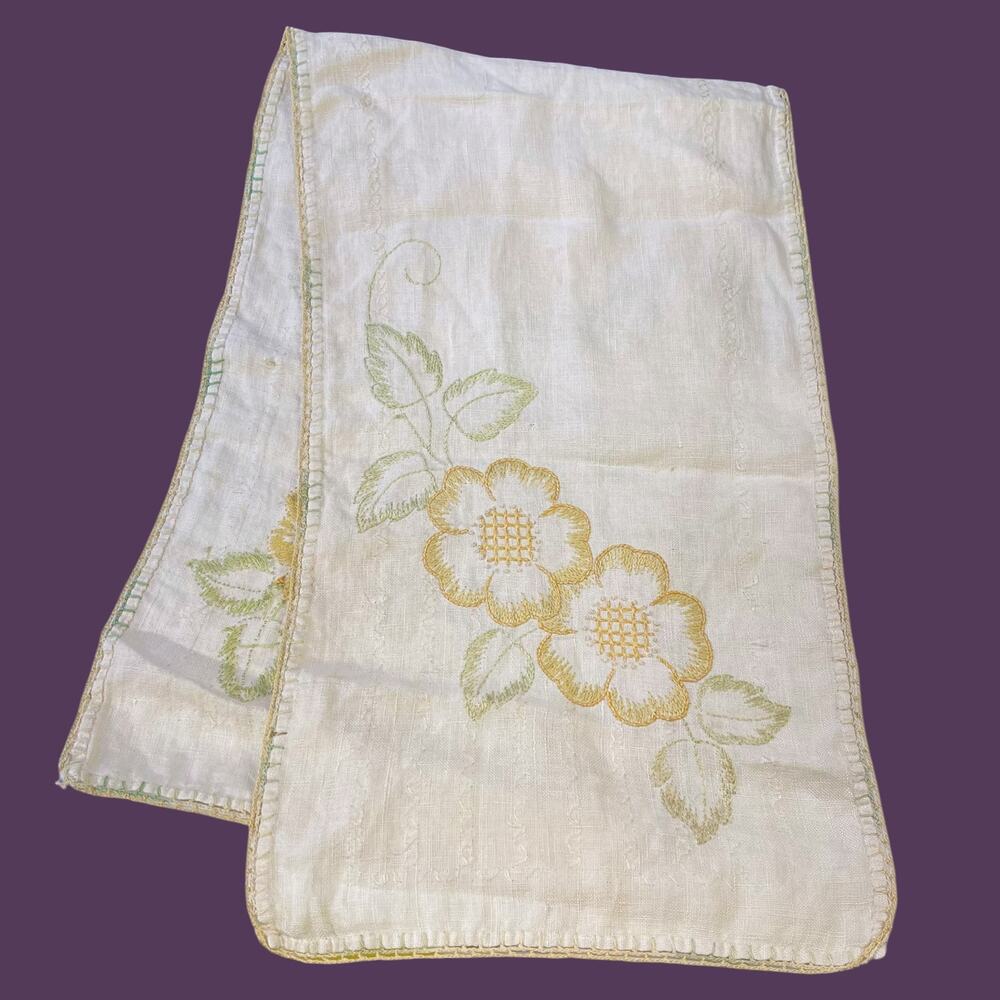 Vintage Hand Embroidered Floral Table Runner Linen 36x11